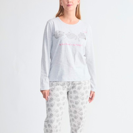 Pijama Diassi Algodón Ligero para Mujer con Puños y Estampado Gatitos