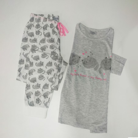 Pijama Diassi Algodón Ligero para Mujer con Puños y Estampado Gatitos