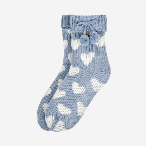 Calcetines de descanso de mujer azul con corazones y suela antideslizante